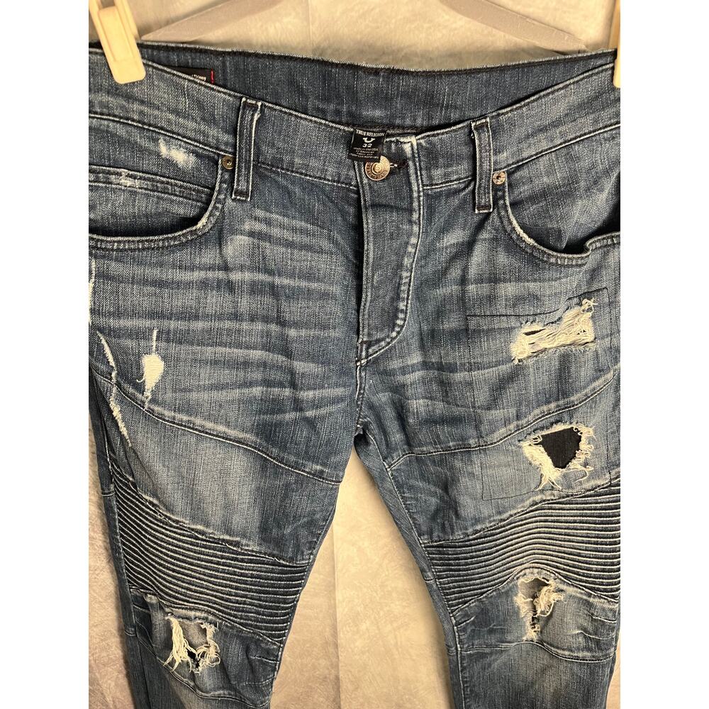 True Religion Rocco Jeans Size 32 Relaxed Skinny Moto Distressed Made in USA